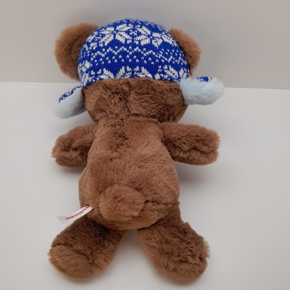 Aurora Brown Teddy Bear Plush Blue Knit Trapper Hat Winter Snowflake Stuffed Toy - Picture 4 of 6
